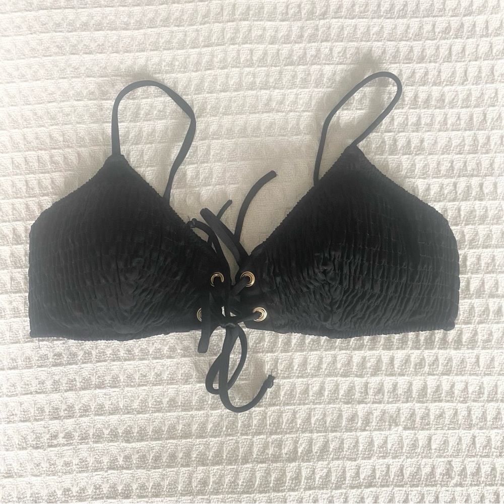 Victoria's Secret Black Lace-Up smocked swim top Medium